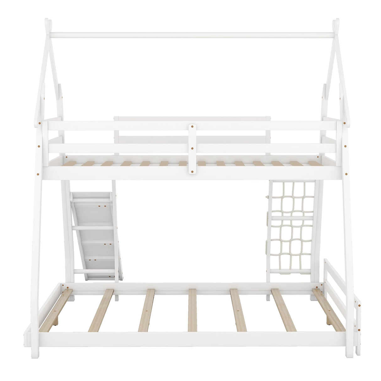 Merax Twin Over Queen House Bunk Bed Frame Solid Wood with Climbing Nets and Climbing Ramp for Boys Girls,Playroom,White Merax