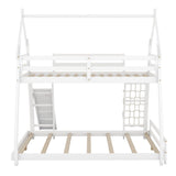 Merax Twin Over Queen House Bunk Bed Frame Solid Wood with Climbing Nets and Climbing Ramp for Boys Girls,Playroom,White Merax
