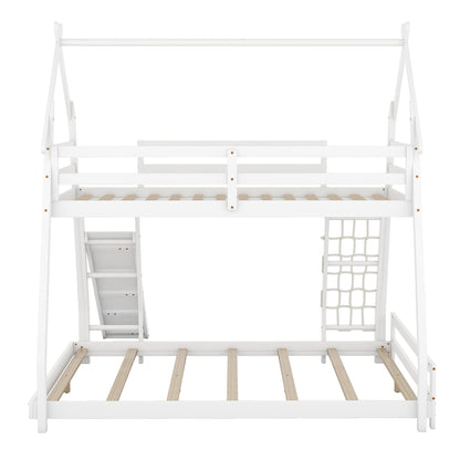 VilroCaz Twin Over Queen House Bunk Bed with Climbing Nets and Ramp for Kids, Solid Wood Frame in White - WoodArtSupply