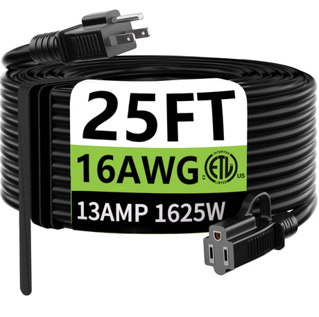 HUANCHAIN Indoor Outdoor Black Extension Cord 25 ft Waterproof, 16/3 Gauge Flexible Cold-Resistant Appliance Cord Outside, 13A 1625W 16AWG SJTW, 3 Prong Heavy Duty Electric Cord, ETL huanchain