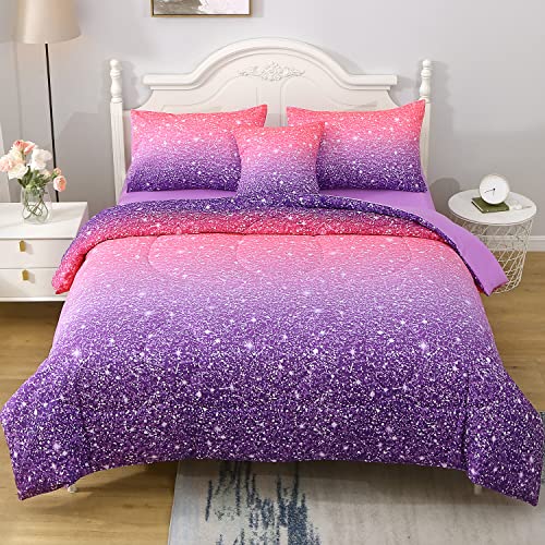 JQinHome Twin Pink Purple Comforter Set, 6 Piece Bed in A Bag 3D Colorful Bedding Set for Girls Kids (1 Comforter,2 Pillowcases,1 Flat Sheet,1 Fitted Sheet,1 Cushion Cover)(Pink Purple) JQinHome