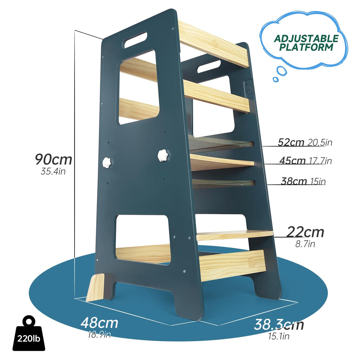 WOOD CITY Kitchen Step Stool - Safe Montessori Standing Tower for Kids with Safety Rail, Height Adjustable Toddler Ideal Helper for Learning New Skills, Anti-Slip Protection for Bathroom - Deep Blue WOOD CITY