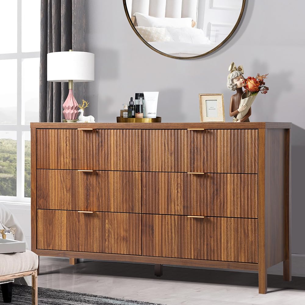 affeivul Mid Century Modern Dresser TV Stand, 6 Drawer Dresser for Bedroom Wood, Farmhouse Boho Storage Cabinet Side Table with Solid Natural Wood Legs, Long Wooden Dresser for Closet (Walnut - WoodArtSupply