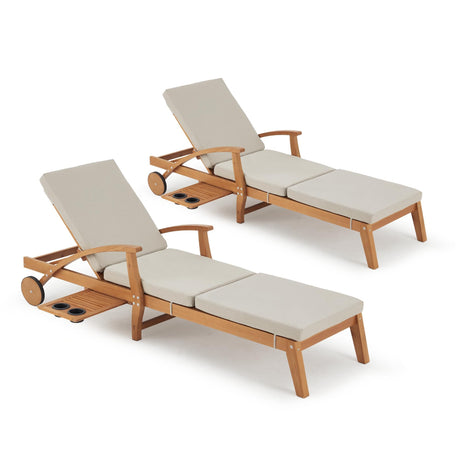 HOMREST Set of 2 Wood Chaise Lounge Chair Recliner, 83x23in Patio Chaise Lounger Recliner with Slide-Out Side Table, Foam-Padded Cushion, Adjustable Backrest, Wheels (Beige) HOMREST