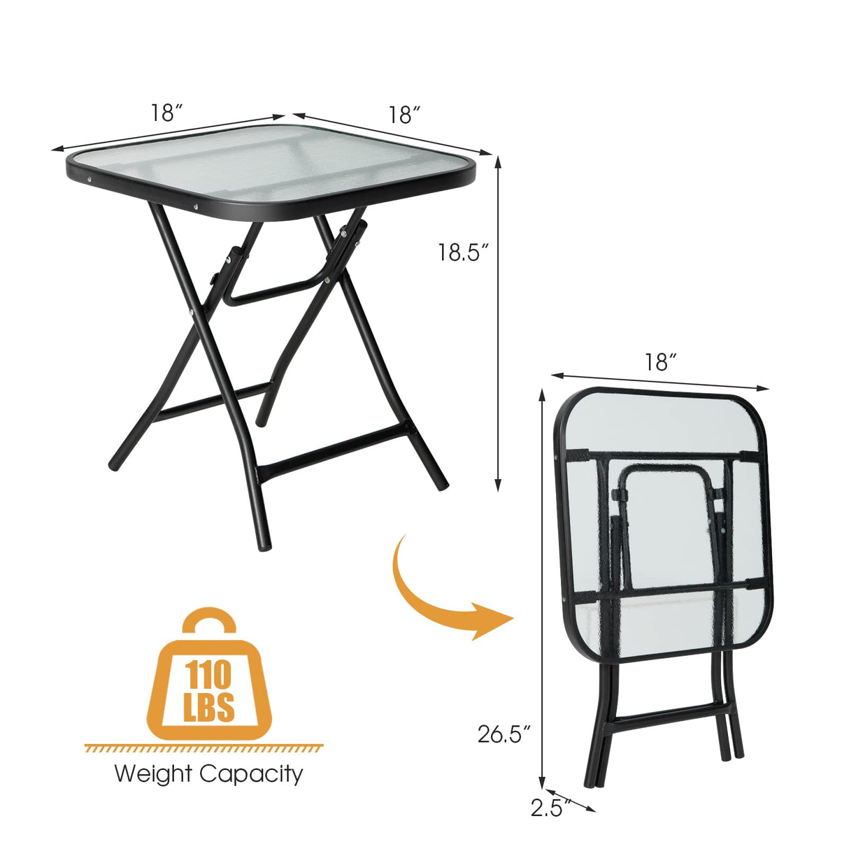 Giantex Folding Side Table, Square Small Patio Table, Tempered Glass Tabletop, Steel Frame, Weather-Resistant Outdoor Indoor Use for Bistro Porch Garden Balcony 18"x18"x18.5" Giantex