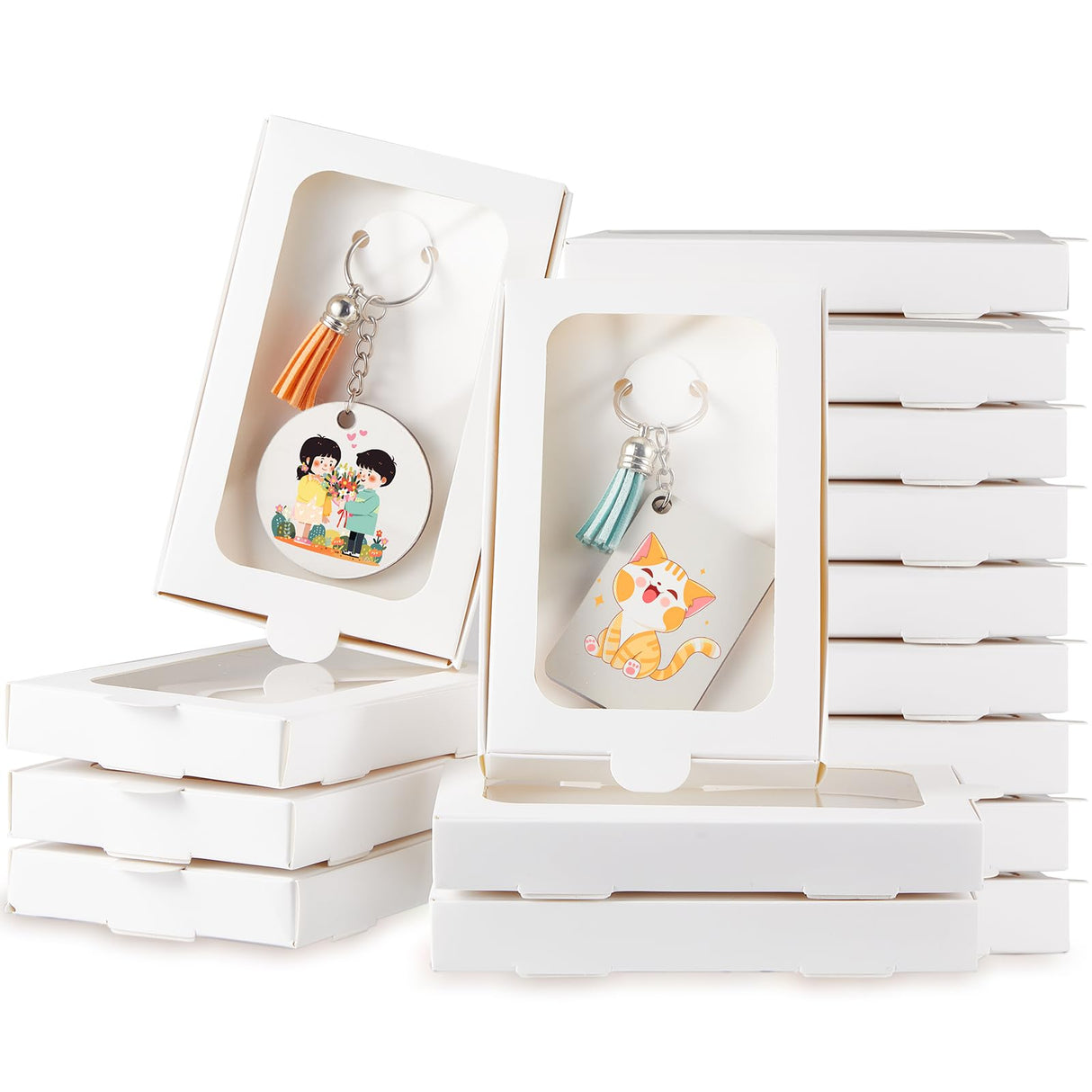 Dunzoom 30 Pcs Sublimation Keychain Blanks Gift Box 5.4" x 3.4" x 0.7" MDF Sublimation Blanks Holder Acrylic Keychain Packaging Box with Window Display Card for Rectangle Round Keychain Gift Wrapping Dunzoom