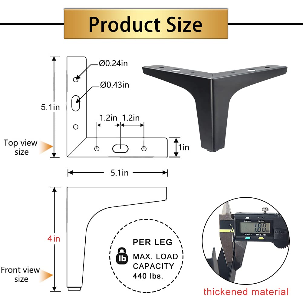 GOSCHE 4 Inch Metal Furniture Legs Black, Legs for Furniture Set of 4, Modern Style Replacement Couch Legs for Dresser Chair Bed Cabinet Table Ottoman Cupboard DIY Replacement Sofa Feet GOSCHE