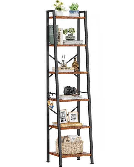 Furologee 6 Tier Ladder Shelf,Tall Bookshelf with 2 Hooks,Industrial Bookcase Standing Shelf Unts,Corner Storage Organizer for Living Room,Bedroom,Home Office,Bathroom,Rustic Brown Furologee
