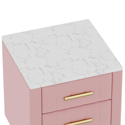 3 Drawers Nightstand with Metal Legs&Handles,Upholstered Nightstand with Faux Marble Top, Bedside Table Furniture, Velvet End Table for Bedroom, Living Room(Pink)