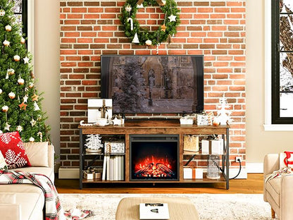 HOOBRO Fireplace TV Stand with Led Lights and Power Outlets, Wooden Media Entertainment Center Console Table with Glass Shelves, Fireplace TV Console for TVs up to 65", Rustic Brown BF140UDDS - WoodArtSupply