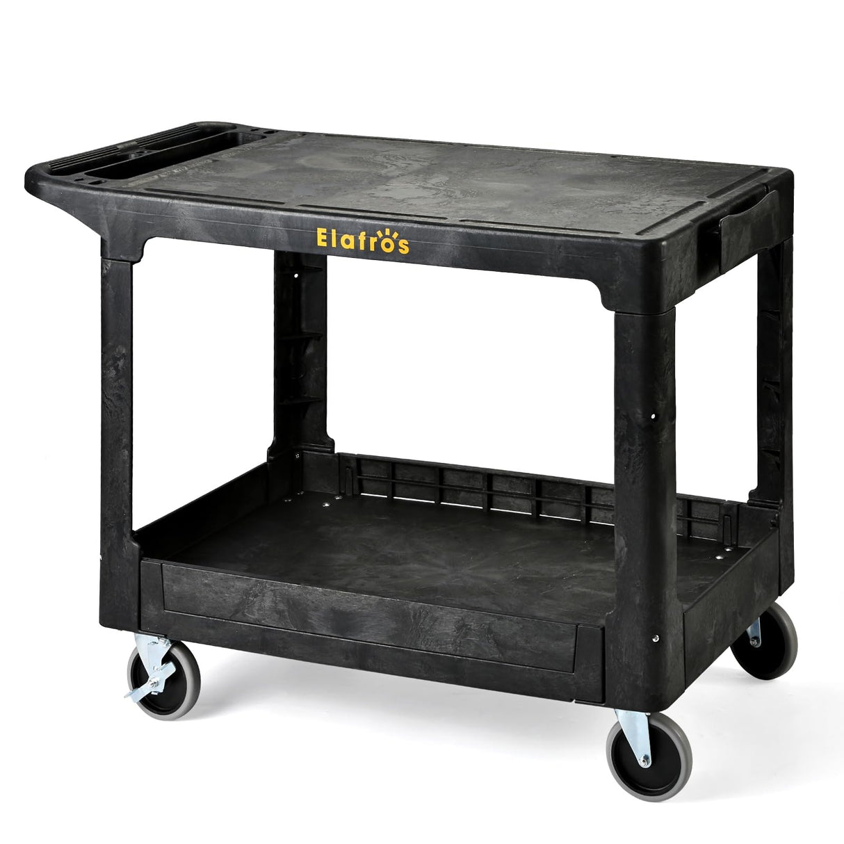ELAFROS Large Heavy Duty Plastic Utility Cart Flat top 42.5 x 25 Inch - Work Cart Flat Shelves and Full Swivel Wheels Holds up to 550 lbs - 2 Tier Service Cart for Warehouse,Garage, Cleaning Black ELAFROS