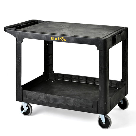 ELAFROS Large Heavy Duty Plastic Utility Cart Flat top 42.5 x 25 Inch - Work Cart Flat Shelves and Full Swivel Wheels Holds up to 550 lbs - 2 Tier Service Cart for Warehouse,Garage, Cleaning Black ELAFROS