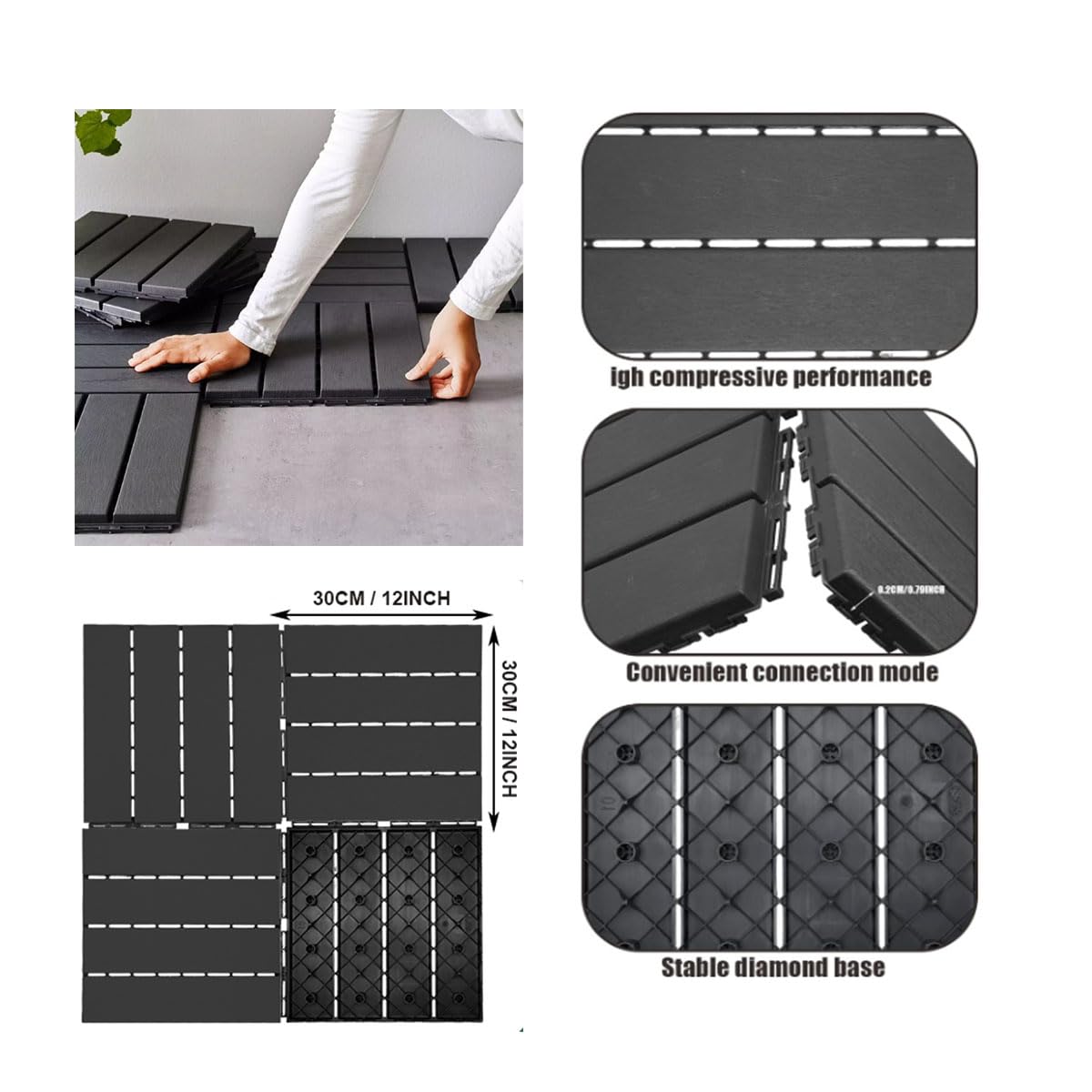 Plastic Interlocking Deck Tiles, 9 Pack Patio Deck Tiles,12"x12" Waterproof Outdoor Flooring All Weather Use, Patio Floor Decking Tiles for Porch Poolside Balcony Backyard, 9 sq. ft Dark Grey