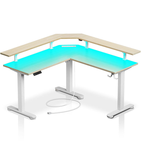 Rolanstar Standing Desk L Shaped with LED Light and Power Outlet, Electric Height Adjustable Computer Office Desk Sit Stand Up with Monitor Stand, Beige Rolanstar