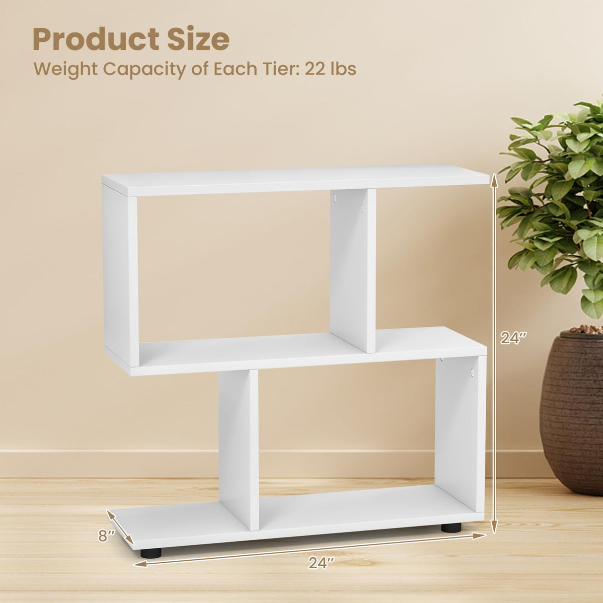 Tangkula 2 Tier Geometric Bookshelf, Freestanding Wood Display Shelf, Home Office Room Divider S Shaped Open Bookcase, Small Bookshelf for Small Spaces, Living Room, Study (White, 1) Tangkula