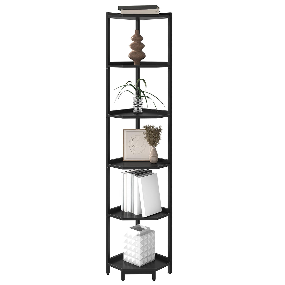 Hzuaneri Corner Shelf Stand, Corner Bookshelf, Storage Standing Shelf Unit with Metal Frame, Plant Stand, Corner Bookcase for Living Room, Home Office, Bedroom, 6-Tier Black CS06006B Hzuaneri