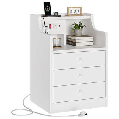 ADORNEVE Nightstand with Charging Station,White Night Stand with Hutch,Bedside Table with Drawers,Bed Side Table with Storage