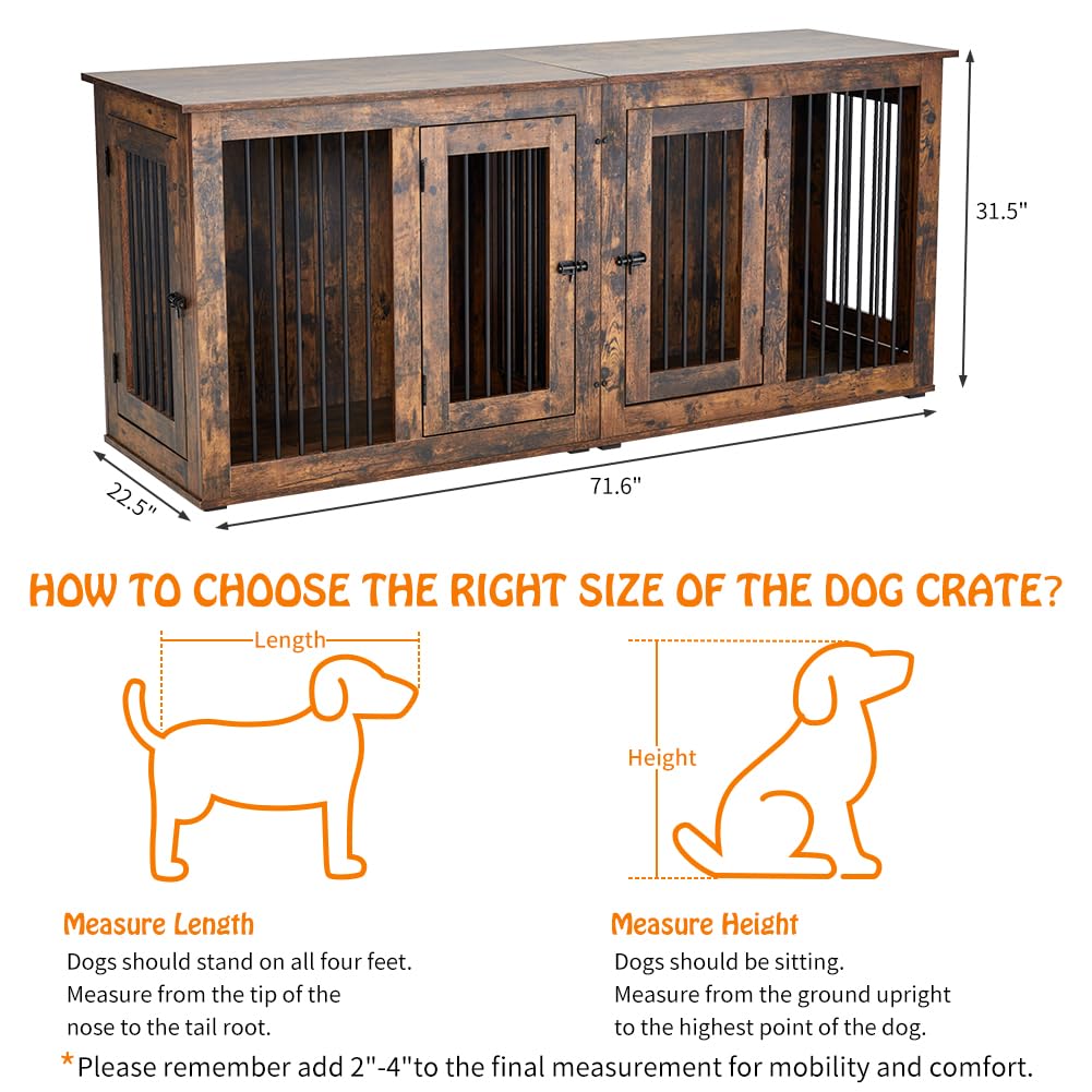 Large Dog Crate Furniture, Double Dog Kennel Furniture with 2 Drawers and Removable Divider, XXL Heavy Duty Wood Dog Crate Table for 2 Dogs Indoor (Rustic Brown, 71in) - WoodArtSupply