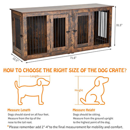 Large Dog Crate Furniture, Double Dog Kennel Furniture with 2 Drawers and Removable Divider, XXL Heavy Duty Wood Dog Crate Table for 2 Dogs Indoor (Rustic Brown, 71in) - WoodArtSupply