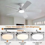 KENSID 48 Inch White Ceiling Fans with Lights and Remote,Low Profile Flush Mount Modern Ceiling Fan with Light, 5 Blades,Dimmable LED Light,6 Speed DC Motor,Indoor Outdoor Ceiling Fan for Bedroom KENSID