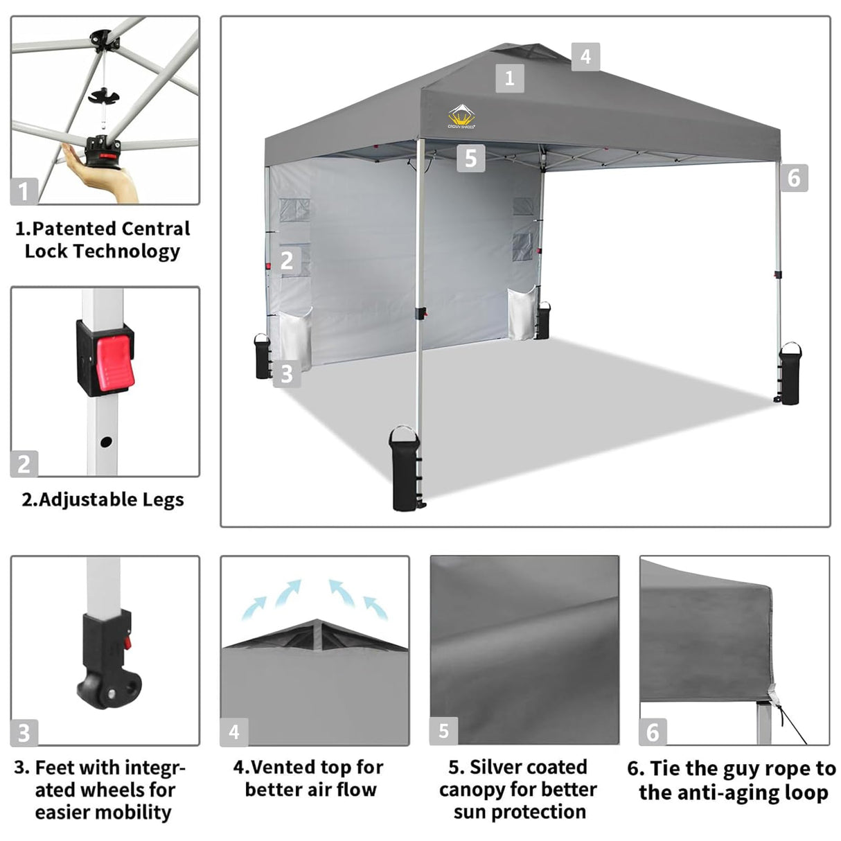 CROWN SHADES Canopy Tent 10x10 Pop Up Canopy Outdoor Shade with Pockets Sidewall, Easy Up Sun Shelter with One Person Set Up Center Lock, Portable Instant Camping Beach Canopy Tents, Grid Grey CROWN SHADES
