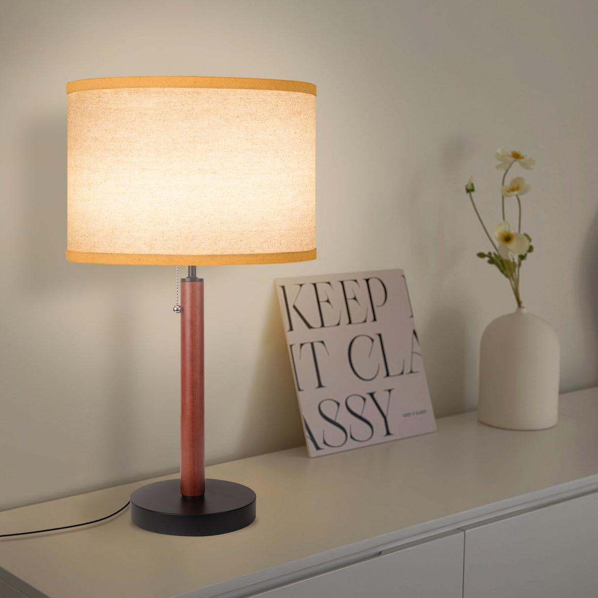 Mid Century Table Lamp,Walnut Wood Finish Table Lamps, Modern Mid Pull Chain Switch Bedside Lamps for Night Stands, Desk Lamp for Beding Room,Living Room,Reading Lamp with E26 Base,Linen LampShade HonoDing