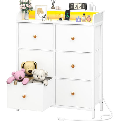 Yoobure Dresser for Bedroom with Charging Station, 6-Drawer Chest Furniture with LED Lights, Fabric Dressers & Chests of Drawers, Storage Tower Organizer Unit for Kids Room Closet Living Room Hallway