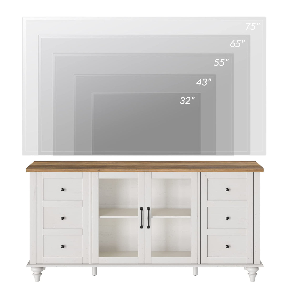 WAMPAT 4-Door Farmhouse TV Stand for TVs Up to 75 inch, Glass and Wood Universal TV Stand with 4 Storage Cabinets, White Entertainment Center for 32-75 inch TV Console Table，White WAMPAT