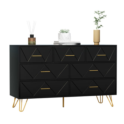 JOZZBY Dresser for Bedroom, 7 Drawer Black Wooden Dresser with Gold Handles, Modern Storage Dressers & Chests of Drawers for Hallway, Entryway