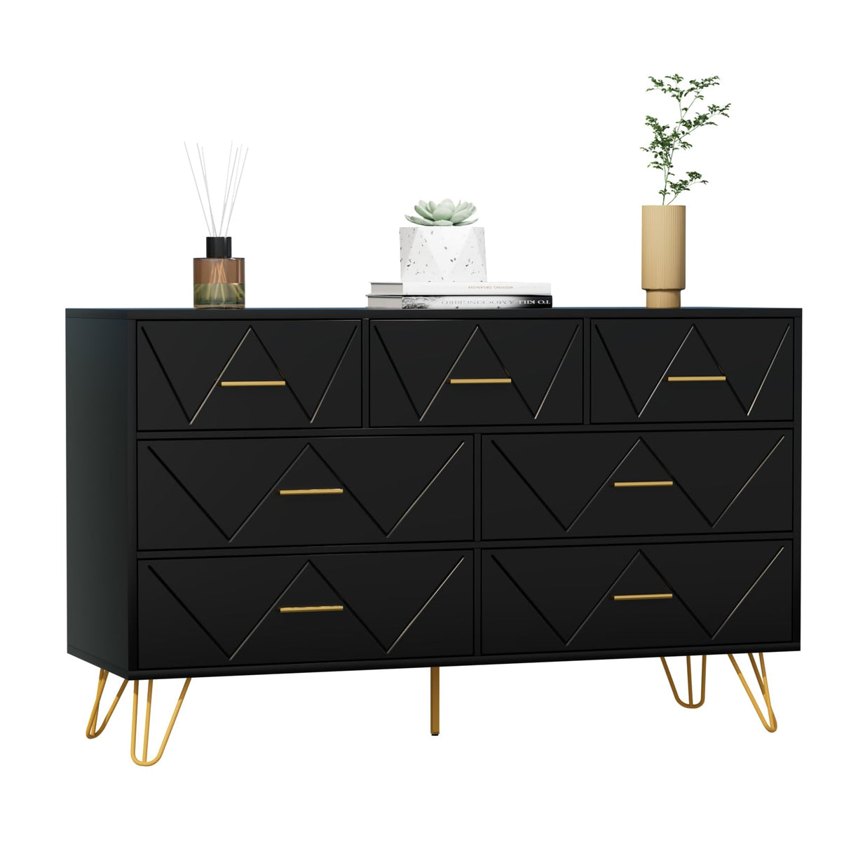 JOZZBY Dresser for Bedroom, 7 Drawer Black Wooden Dresser with Gold Handles, Modern Storage Dressers & Chests of Drawers for Hallway, Entryway JOZZBY