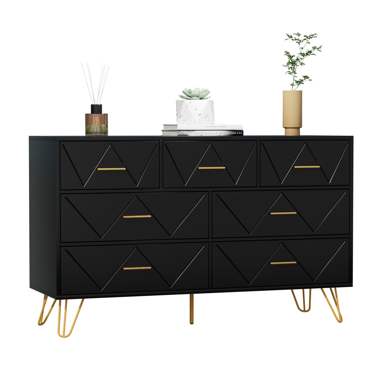 JOZZBY Dresser for Bedroom, 7 Drawer Black Wooden Dresser with Gold Handles, Modern Storage Dressers & Chests of Drawers for Hallway, Entryway