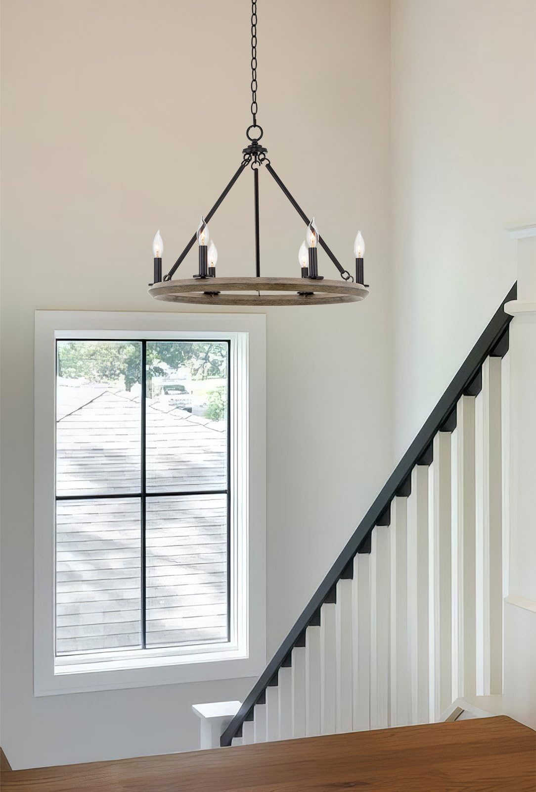 Kira Home Jericho 24" 6-Light Industrial Rustic Farmhouse Wagon Wheel Chandelier, Round Kitchen Island Light, Black + Gray Oak Wood Finish Kira Home