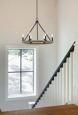 Kira Home Jericho 24" 6-Light Industrial Rustic Farmhouse Wagon Wheel Chandelier, Round Kitchen Island Light, Black + Gray Oak Wood Finish Kira Home