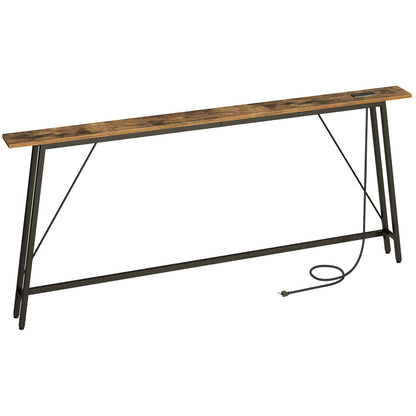 YATINEY 78.7" Skinny Console Table with Power Outlets, 5.9" Sofa Tables Narrow Long, Industrial Behind Couch Table, for Hallway, Entryway, Living Room, Rustic Brown and Black CT205UBR