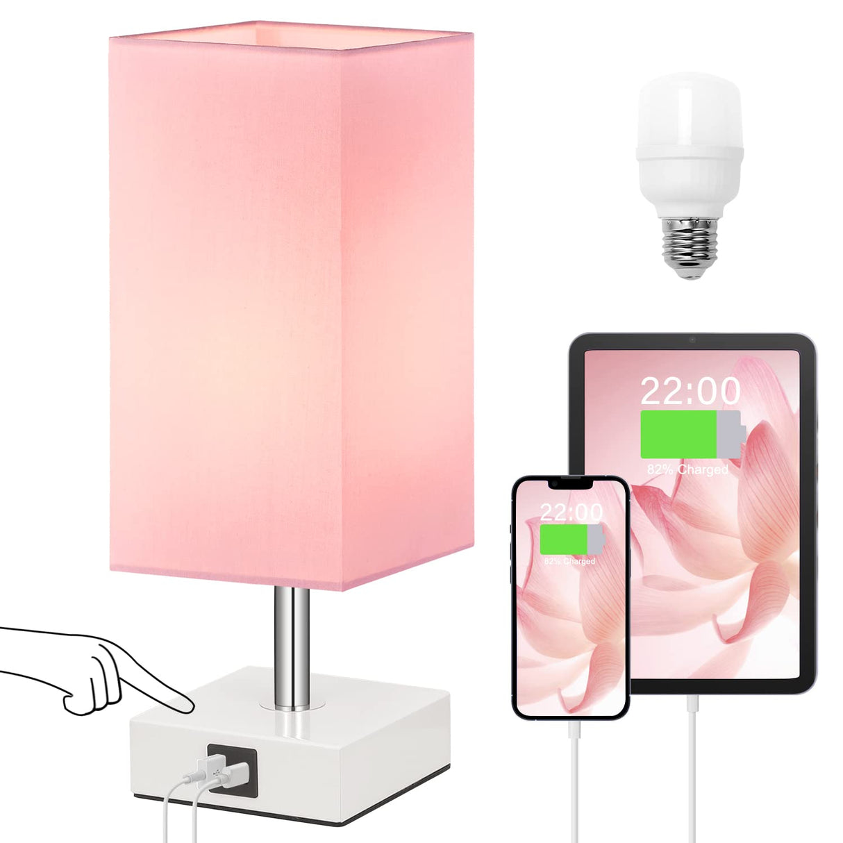 Ambimall Touch Control Table Lamp with 2 USB Charging Ports, 3 Way Touch Lamps Beside Desk, Nightstand Lamp for Bedrooms Living Room, Pink Shade with White Base, LED Bulb Included(Pink) Ambimall