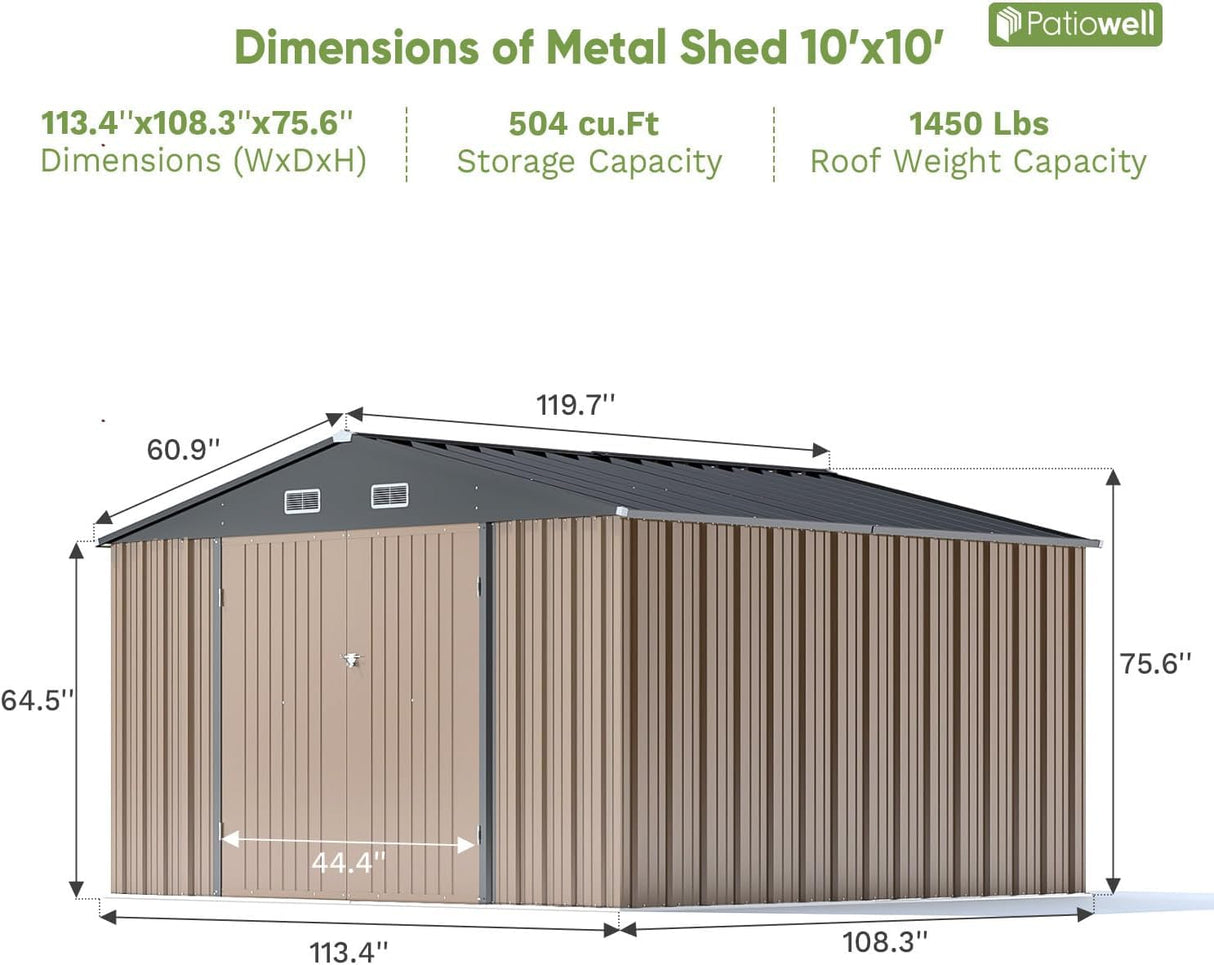 Patiowell 10 x 10 FT Outdoor Storage Shed,Metal Yard Shed with Design of Lockable Doors, Utility and Tool Storage for Garden, Patio, Backyard, Outside use,Brown Patiowell