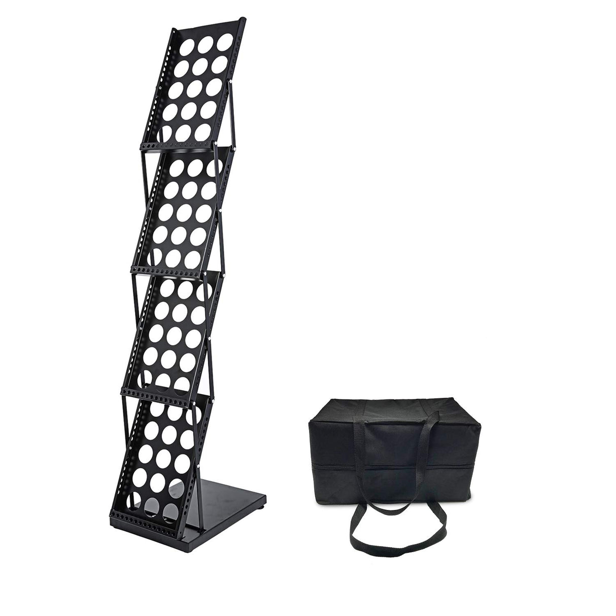 Polmart 4-Tier Brochure Stand. Heavy Literature Display Magazine Rack with Adjustable Pockets. Portable Collapsible Design with Carry Bag for Trade Shows, Offices, Retail Stores (Black) Polmart