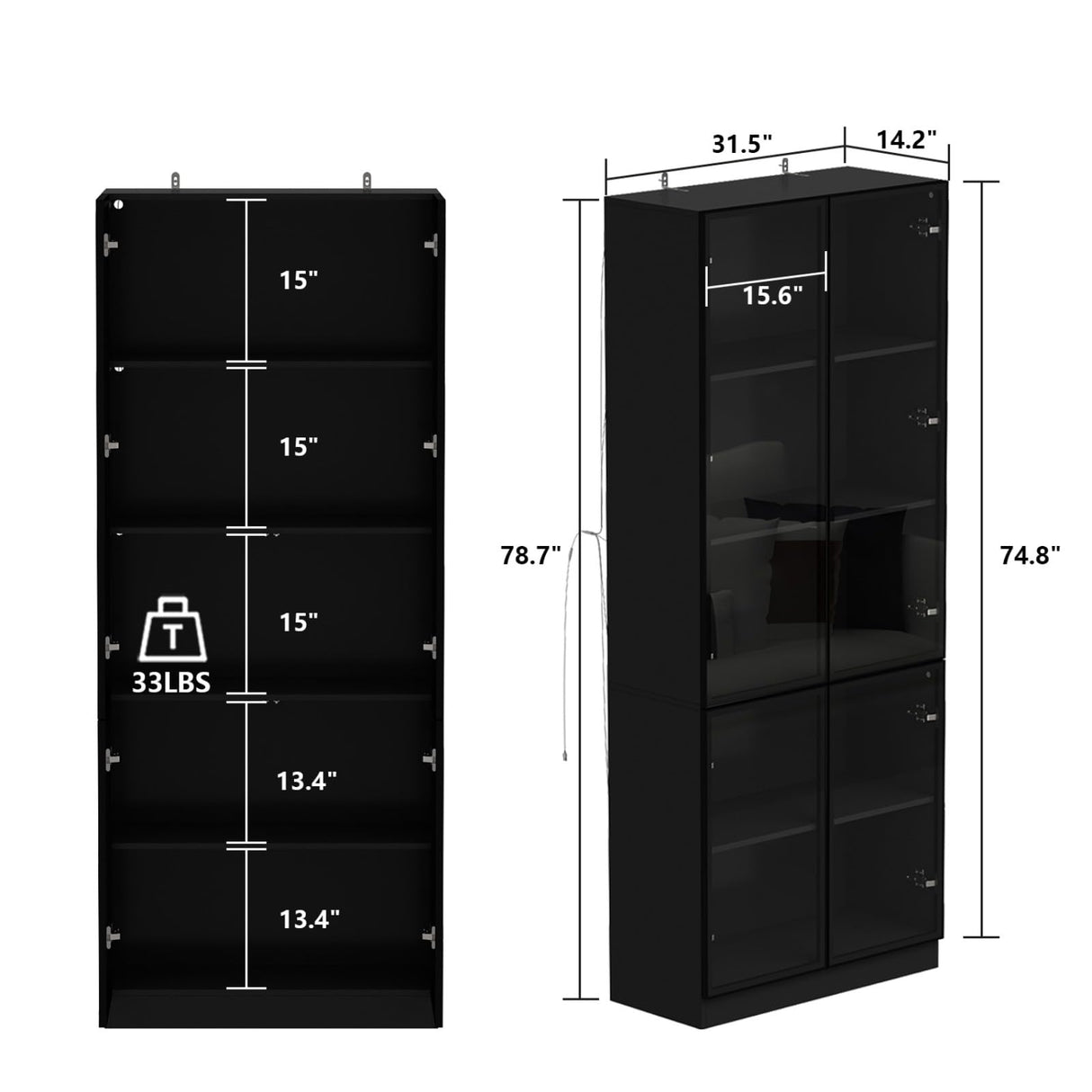 FUFU&GAGA Display Cabinet with Glass Doors and LED Lights, 78.7” Tall Bookshelf Glass Storage Cabinet with 5-Tier Shelf, Modern Bookcase for Living Room Office, Black 31.5”W x 14.2”D x 78.7”H FUFU&GAGA