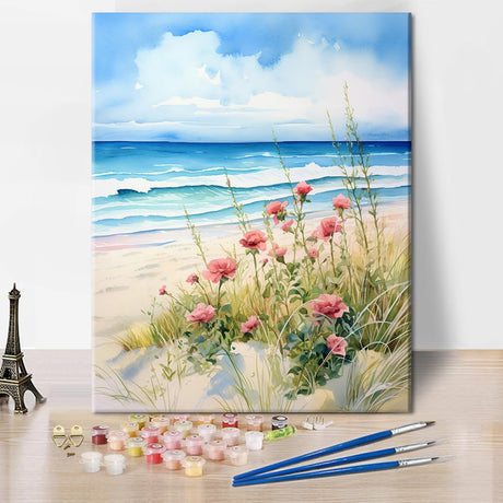 Rebotipy DIY Paint by Numbers for Adults Beach Scene Adult Paint by Number Kits on Canvas Pink Flowers Blue Ocean Painting by Numbers Kit for Adults Vintage Art Crafts 16x20 in Rebotipy