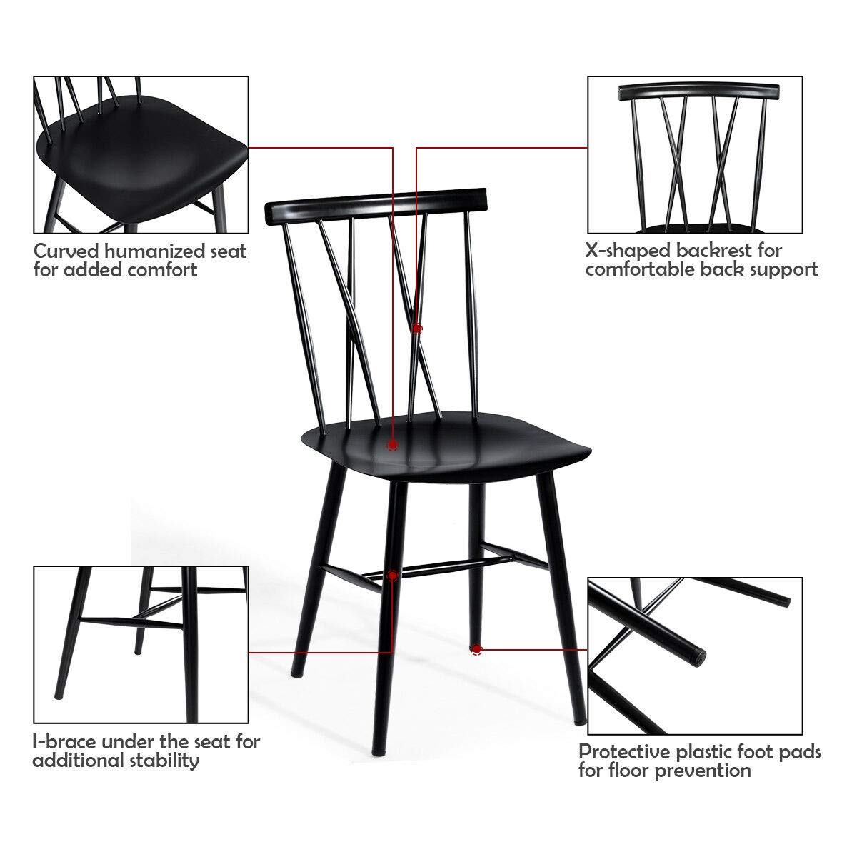 COSTWAY Dining Chair Set of 2, Farmhouse Windsor Chairs Dining Room Chairs with Spindle Back and Sturdy Metal Construction, Kitchen Side Chairs for Living Room Restaurant, Black (Height 17'') COSTWAY