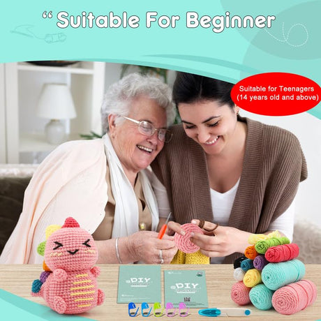 Faircosy Dinosaur Crochet Kit for Beginners: 2PCS Crochet Animal Kits for Adults - Learn to Crocheting Cute Amigurumi Starter Kit with Written Pattern & Video Tutorials (40%+ Yarn Extra) Faircosy