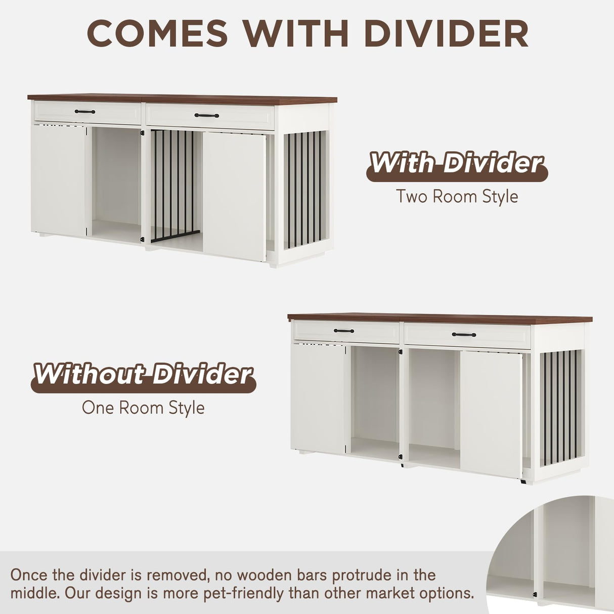 Furniture Style Dog Crate - Indoor Wooden Dog Kennel Furniture with 2 Drawers & Room Divider - 72" L x 23.6" W x 34" H - White MOWPEX