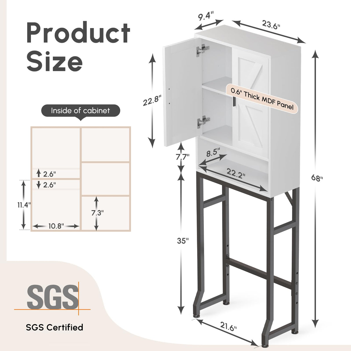 USHOWER Over The Toilet Storage Cabinet, Bathroom Organizers and Storage with Barn Doors, Thicken Metal Stand & MDF Wood Above Toilet Storage Cabinet, Freestanding Space Saver, White USHOWER
