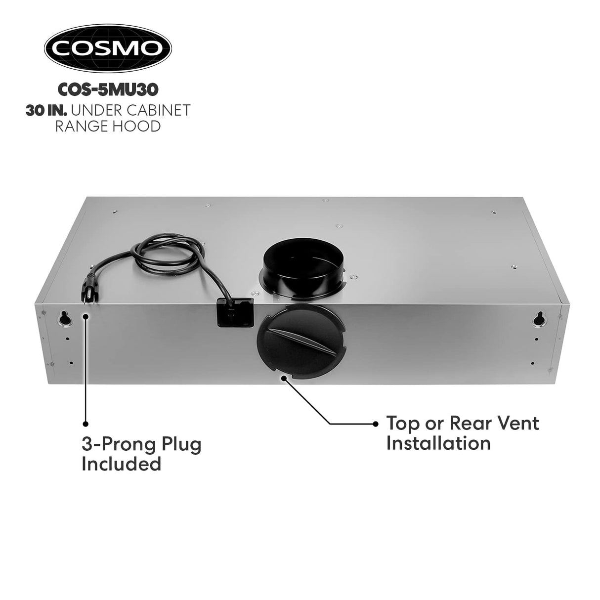 COSMO COS-5MU30 30 in. Delta Collection Ducted Under Cabinet Range Hood, Button Controls, Reusable Filters, LED Lights, Stainless Steel COSMO
