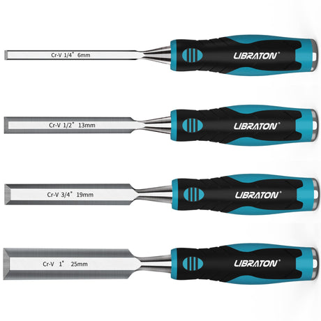 Chisel Set, Wood Chisel Set, Wood Chisel Tool Set for Woodworking, Wood Chisels, Chrome Vanadium Steel Chisel with Storage Pouch, 1/4"(6mm), 1/2"(13mm), 3/4"(19mm), 1"(25mm) LIBRATON