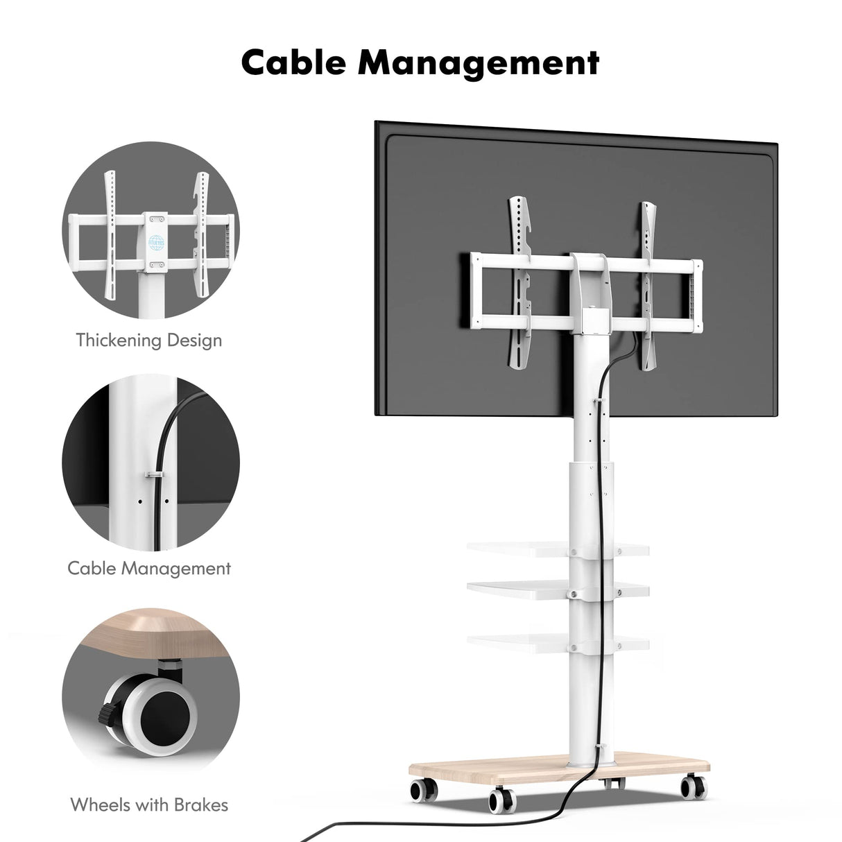 FITUEYES Rolling TV Stand, Mobile TV Cart on Wheels for 32-70 Inch Flat Screen TVs, Tall Floor TV Stand with Swivel Mount for Bedroom, Outdoor, Home Office, Small Dorm, White FITUEYES