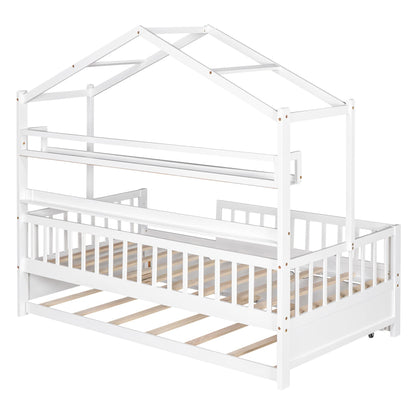 Bellemave Twin Size House Bed with Trundle and Storage Shelves for Kids - White Montessori Playhouse Frame - WoodArtSupply