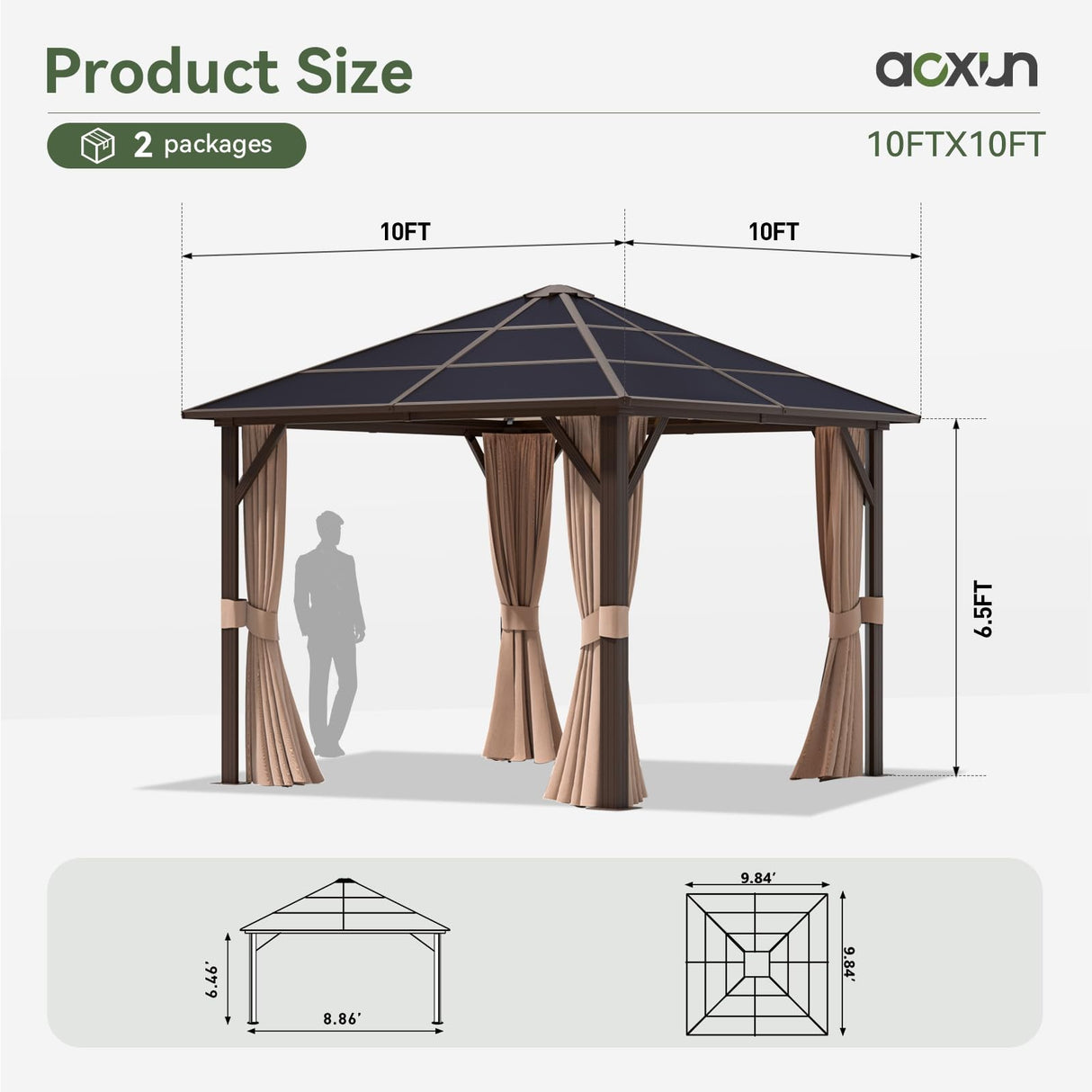 Aoxun 10' x 10' Gazebo Single Polycarbonate Top, Outdoor Polycarbonate Frame Permanent Pergolas with Curtains and Netting, for Patios, Parties, Backyards, Gardens and Lawns Aoxun