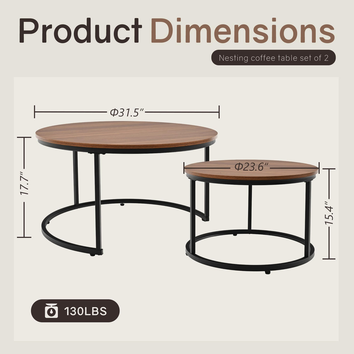 Otterease Nesting Tables Set of 2, 31.5" Round Coffee Table, Small Nesting Coffee Table with Adjustable Non-Slip Fee, Wood Grain Top Nesting Tables for Living Room, Bedroom (Wood Grain Brown) Otterease