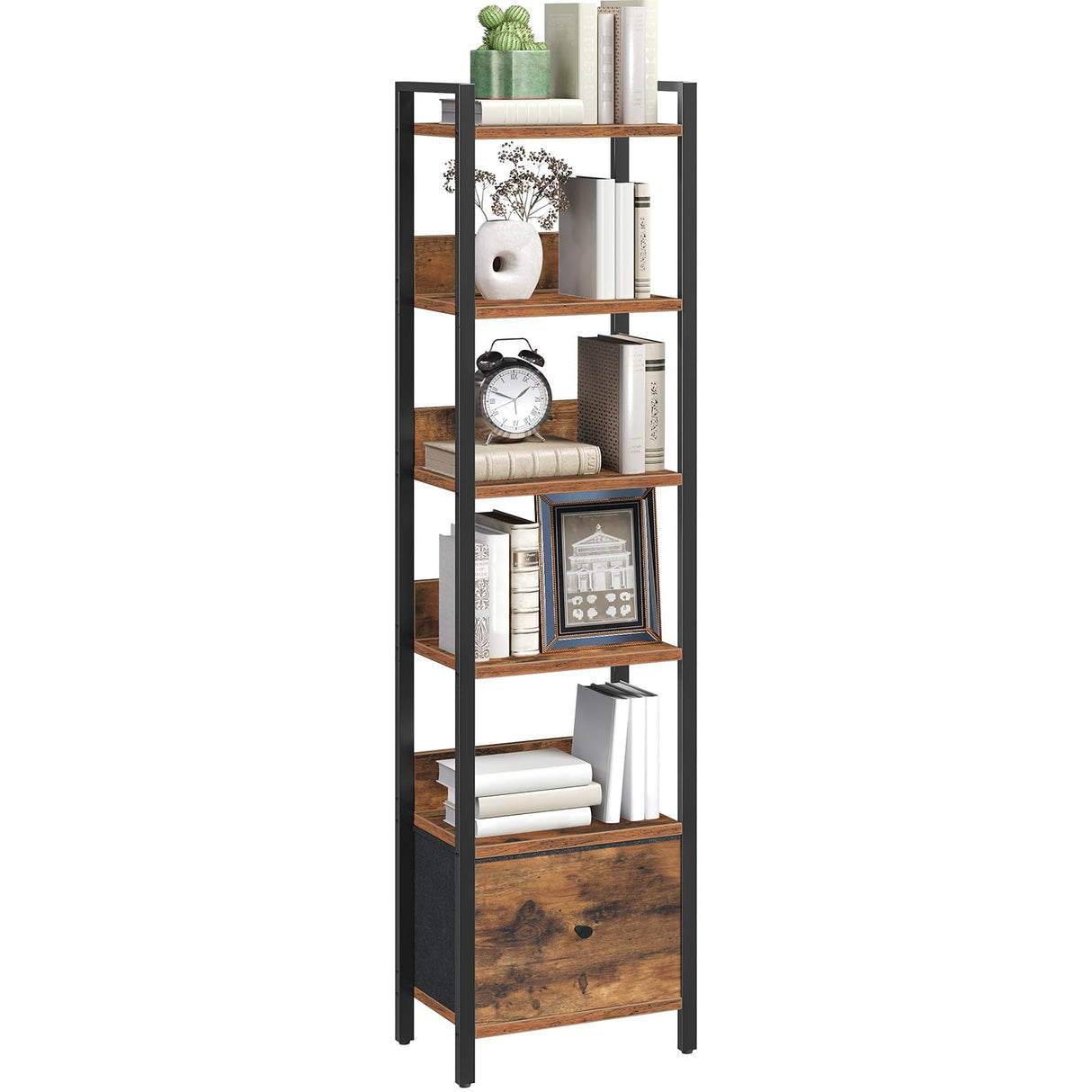 MAHANCRIS Bookshelf, 6-Tier Bookcase with Drawer, Small Book Shelf for Small Space, Storage Shelf Organizer, for Living Room, Bedroom, Study, Kitchen, Rustic Brown and Black BKHR66101 MAHANCRIS